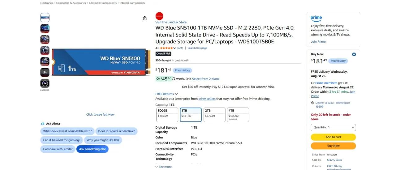 SSD WD Blue SN5100 1TB NVMe Gen4