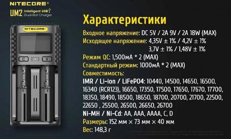 Зарядное устройство Nitecore UM2 для аккумуляторов