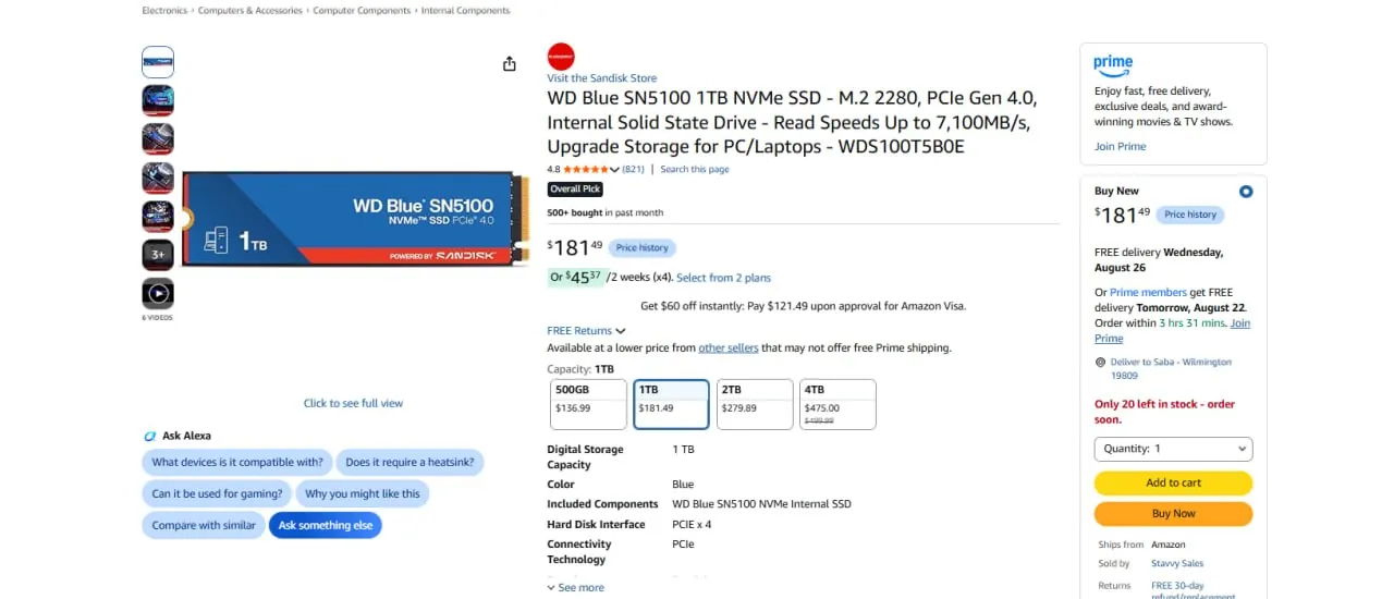 SSD WD Blue SN5100 1TB NVMe Gen4 1