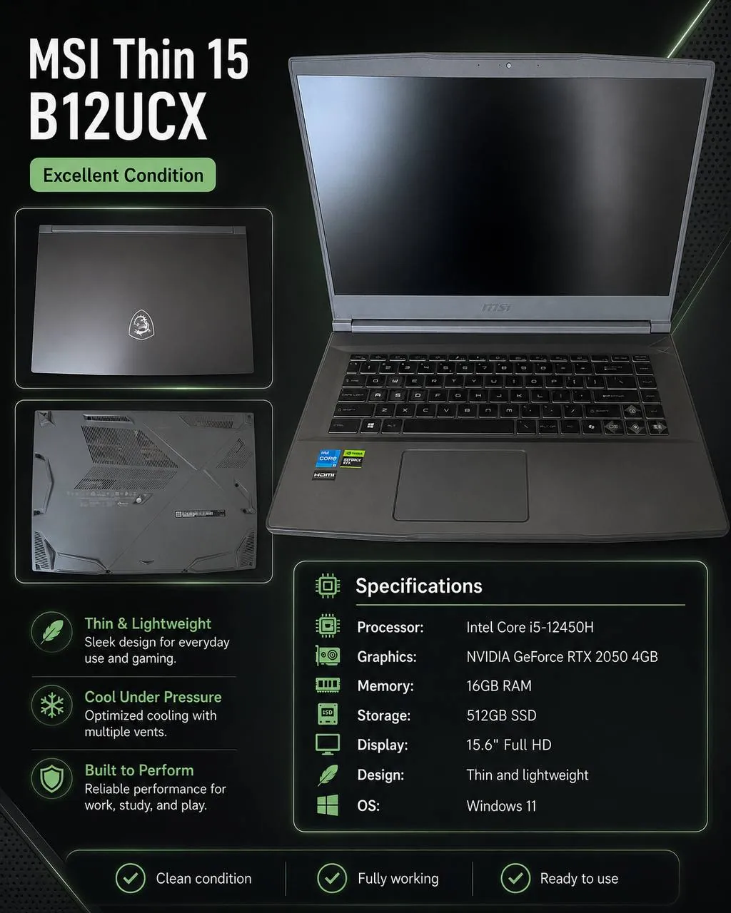 Игровой ноутбук MSI Thin 15 B12UCX 1