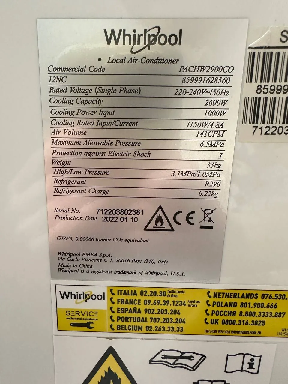 Мобильный кондиционер Whirlpool 9000 BTU 9